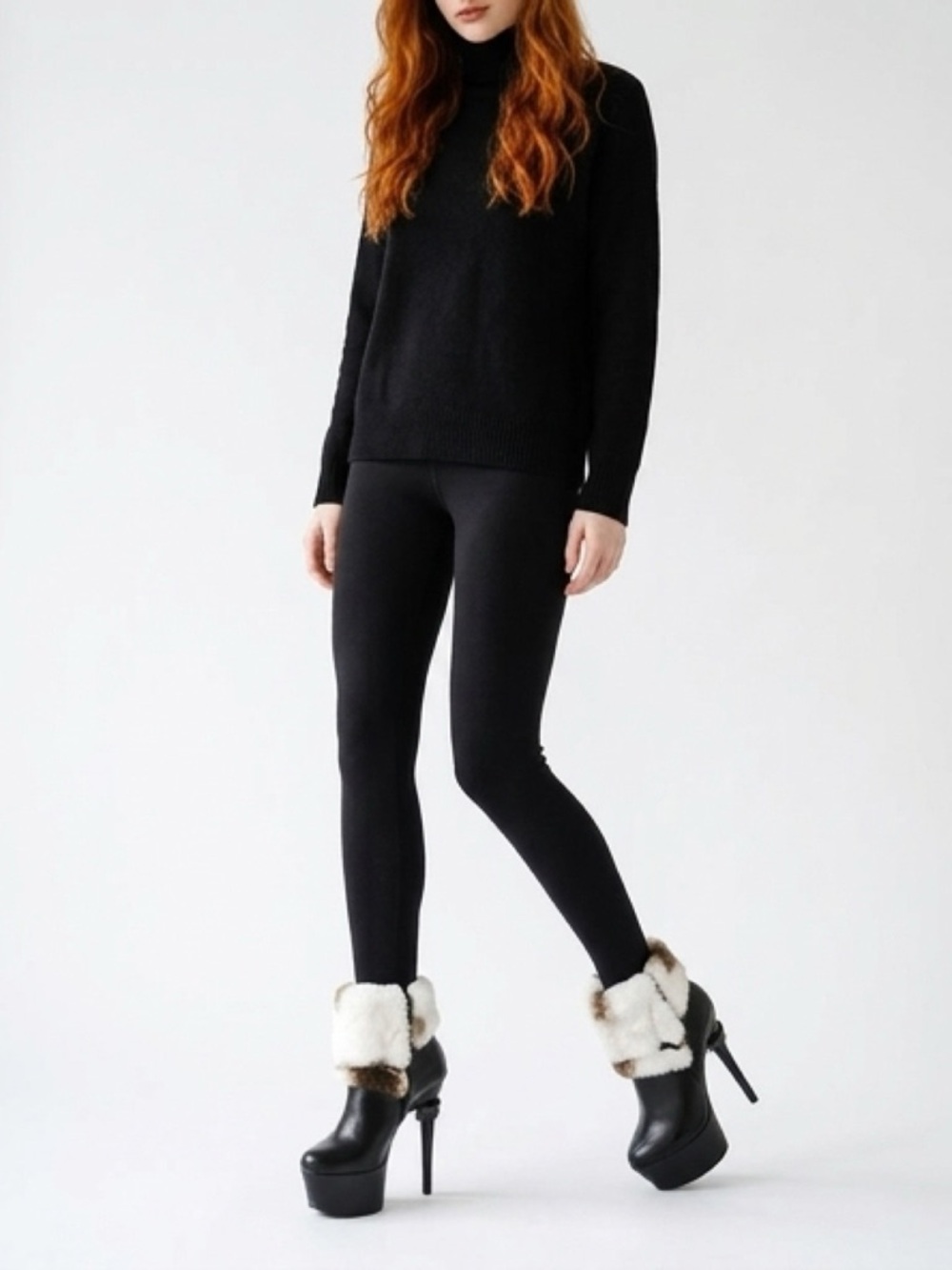 Women's Black Platform Ankle
Booties with Faux Fur Cuff